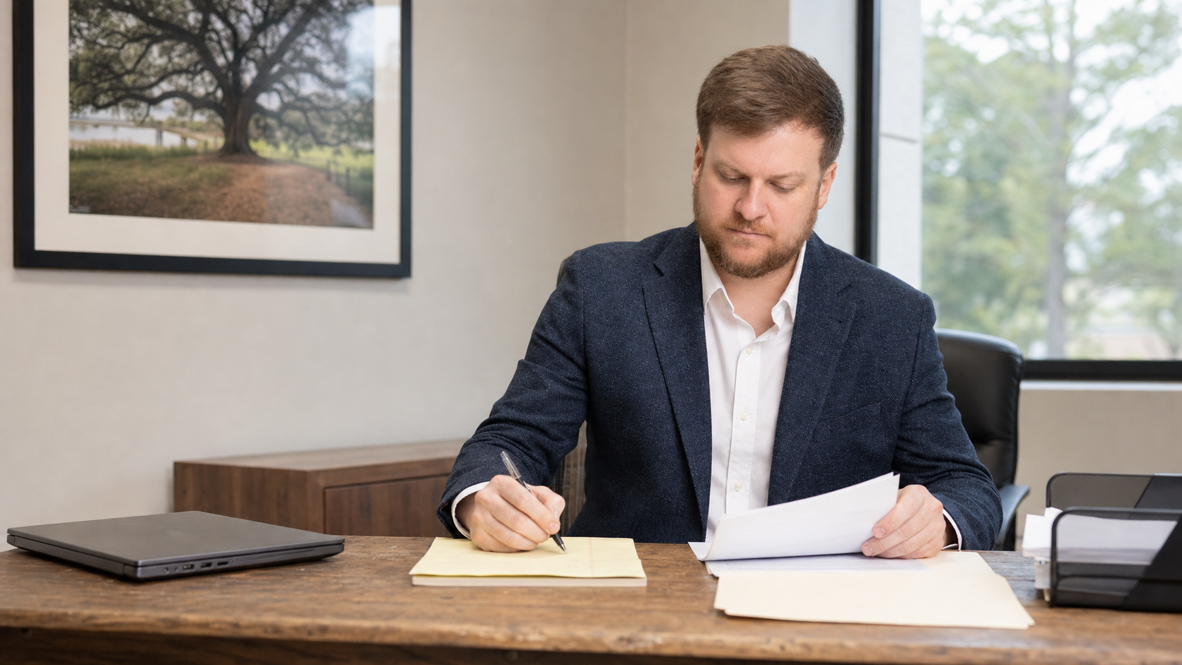 Morgan Field reviews folders and succession documents with a Louisiana client