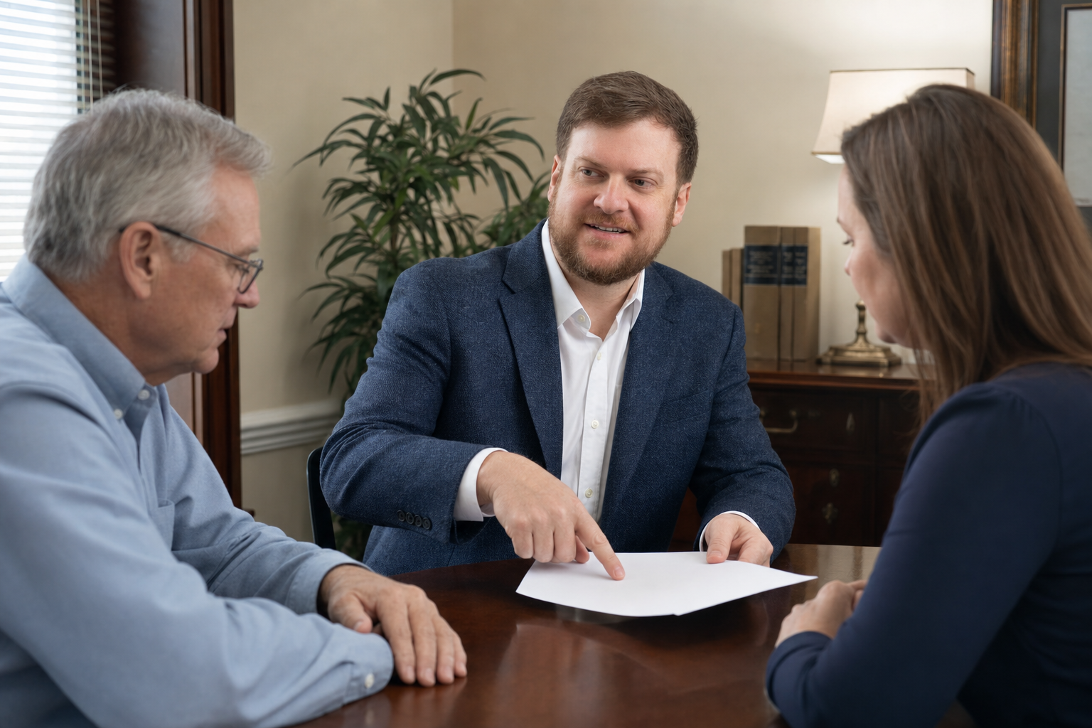 Louisiana estate attorney Morgan Field reviews long-term-care planning documents with an older couple