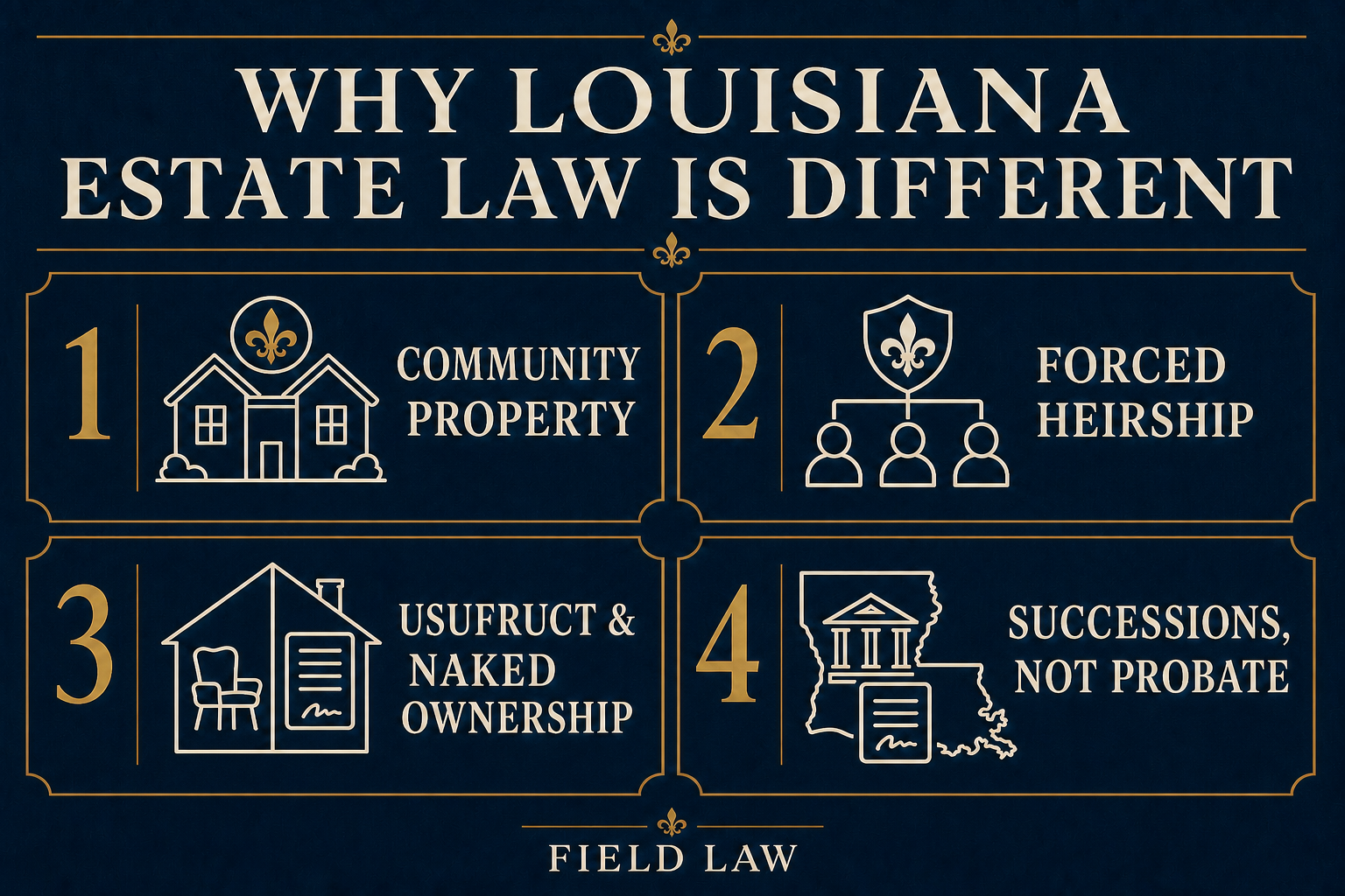 Louisiana estate law differs from the law of other states in both terminology and substance. Concepts such as forced heirship, usufruct, naked ownership, community property, mandates, and successions can produce results that surprise people familiar with another state’s laws.

These differences matter when someone prepares an estate plan, moves to Louisiana, owns Louisiana property, or inherits from a Louisiana resident. A will or power of attorney prepared elsewhere may not address every issue that Louisiana law presents.

## Louisiana Has a Mixed Legal System

People often say that Louisiana law is based on the Napoleonic Code. That description is incomplete.

Louisiana’s private law developed from French and Spanish civil-law traditions. It later incorporated American common-law principles and procedures. Louisiana is therefore better described as a mixed jurisdiction rather than a copy of the French legal system.

The [LSU Center of Civil Law Studies](https://law.lsu.edu/ccls/) explains that Louisiana’s Civil Code reflects a synthesis of French and Spanish law rather than merely reproducing the French Civil Code.

Today, the Louisiana Civil Code governs many matters involving people, property, obligations, marriage, donations, and inheritance. Court decisions remain important, but lawyers frequently begin their analysis with the applicable code article or statute.

For estate-planning and succession clients, the historical distinction matters less than its practical consequences.

## Louisiana Classifies Property as Community or Separate

Louisiana is a community-property state. Property acquired during a marriage is generally presumed to be community property unless an exception applies.

Under [Louisiana Civil Code Article 2338](https://www.legis.la.gov/legis/Law.aspx?d=109286), community property generally includes property acquired through the effort, skill, or industry of either spouse during the community-property regime. It can also include property acquired with community funds.

Separate property may include:

- Property owned before marriage
- Property inherited by one spouse
- Property donated to one spouse individually
- Property acquired with separate funds
- Certain damages awarded to one spouse
- Property classified as separate by a valid matrimonial agreement

The classification affects what a person owns and can leave at death. A spouse generally owns only an undivided one-half interest in community property, even if an account or asset appears in only that spouse’s name.

Therefore, an estate plan should not simply list assets. It should determine how those assets were acquired and whether they are community or separate.

## A Surviving Spouse Does Not Automatically Inherit Everything

Many people assume that a surviving spouse will receive the entire estate. Louisiana’s intestate succession rules do not always produce that result.

If a married person dies without a will and leaves descendants, the descendants generally inherit the deceased person’s separate property. They also receive naked ownership of the deceased spouse’s share of community property.

The surviving spouse generally receives a usufruct over the deceased spouse’s share of community property. Under [Louisiana Civil Code Article 890](https://www.legis.la.gov/Legis/Law.aspx?d=111042), that intestate usufruct ends when the surviving spouse dies or remarries.

As a result, the surviving spouse and children may hold different rights in the same property. The spouse may have the right to use the property, while the children own the underlying naked ownership.

The result becomes more complicated when the deceased person has children from a prior relationship, owns substantial separate property, or wants the surviving spouse’s rights to continue after remarriage.

A properly drafted will can often create a different plan, subject to Louisiana’s forced-heirship rules. Our article on [what happens when someone dies intestate in Louisiana](https://www.fieldlawllc.com/blog/what-happens-to-your-estate-if-you-die-intestate-in-louisiana/) explains the default inheritance order in more detail.

## Louisiana Recognizes Usufruct and Naked Ownership

Usufruct divides ownership into separate rights.

The usufructuary generally has the right to possess, use, and enjoy the property. The naked owner owns the underlying property and ordinarily receives full ownership when the usufruct ends.

This arrangement can arise through Louisiana’s intestacy laws or through a will. For example, a person may leave a surviving spouse a lifetime usufruct while leaving naked ownership to children.

The arrangement can protect the spouse’s ability to use the property while preserving it for the next generation. However, it can also create questions involving:

- Sale of the property
- Repairs and expenses
- Insurance and taxes
- Investment authority
- Security owed to naked owners
- Mineral rights
- Cash and investment accounts
- What happens when the usufruct ends

A usufruct should be drafted with the particular property and family in mind. Learn more in our guide to [usufruct and naked ownership](https://www.fieldlawllc.com/blog/naked-ownership-what-is-it-and-how-will-it-affect-my-house/).

## Louisiana Still Has Forced Heirship

Louisiana is also different because certain descendants may be forced heirs.

Under [Louisiana Civil Code Article 1493](https://www.legis.la.gov/legis/Law.aspx?d=108811), forced heirs generally include:

- First-degree descendants who are twenty-three years old or younger when the parent dies
- First-degree descendants of any age who are permanently incapable of caring for themselves or administering their estates because of mental incapacity or physical infirmity

A forced heir is entitled to a reserved portion of the estate called the legitime. A parent cannot freely leave that portion to someone else unless a legally sufficient ground for disinherison applies.

Forced heirship does not mean that every child must receive an equal share. Adult children who are not disabled are generally not forced heirs. Even when a forced heir exists, Louisiana law may permit the forced portion to be placed in a properly structured trust.

Because the rules depend on the beneficiary’s age, health, family relationships, and the value of the estate, they must be considered when preparing or updating a will. Our [forced-heirship deep dive](https://www.fieldlawllc.com/blog/forced-heirship-deep-dive/) discusses these rules further.

## Louisiana Uses “Succession” Instead of “Probate”

In many states, the court process following a death is called probate. Louisiana generally calls it a succession.

A succession is the legal process used to:

- Recognize a valid will
- Identify the heirs or legatees
- Determine what property belonged to the deceased
- Address estate debts and expenses
- Appoint an executor or administrator when necessary
- Transfer ownership to the successors
- Resolve inheritance disputes

Louisiana also uses different terms for the people involved. A person who inherits under a will is called a legatee. A person who inherits under intestate law is an heir. An executor or administrator may be referred to more generally as a succession representative.

Using the correct terminology is not merely academic. It helps identify which legal rules and court procedures apply.

## Louisiana Has Its Own Rules for Wills

A will prepared or signed incorrectly may fail to accomplish its purpose.

Under current [Louisiana Civil Code Article 1576](https://www.legis.la.gov/legis/Law.aspx?d=108901), a Louisiana notarial testament must be written, dated, and executed before a notary in the presence of two witnesses. The testator, witnesses, and notary must sign it.

Additional considerations apply when a testator cannot read, cannot sign, is visually impaired, or needs another person to assist with execution.

Louisiana also recognizes an olographic testament. That type of will must be entirely written, dated, and signed in the testator’s handwriting. Although an olographic will does not require a notary or witnesses, unclear language or incomplete planning can still lead to litigation.

A will from another state is not automatically invalid merely because the person later moves to Louisiana. However, it should be reviewed for Louisiana property rules, forced heirship, executor provisions, and changes in the person’s family or assets.

## A Power of Attorney Is a Mandate in Louisiana

What most states call a power of attorney is generally called a mandate or procuration in Louisiana. The person granting authority is the principal. The person receiving it is the mandatary.

Louisiana law requires certain powers to be granted expressly. For example, [Louisiana Civil Code Article 2997](https://www.legis.la.gov/legis/Law.aspx?d=110034) requires express authority for actions such as:

- Making donations
- Accepting or renouncing a succession
- Borrowing money
- Entering a compromise
- Making health-care decisions

A general statement granting broad authority may not include every power the principal expects. This is one reason an out-of-state power of attorney should be reviewed after a move to Louisiana.

## Louisiana Trusts Require Louisiana-Specific Planning

Louisiana has a detailed Trust Code. Trusts can be used to protect minor beneficiaries, manage property for a person with a disability, preserve family property, provide for a surviving spouse, or establish conditions for an inheritance.

However, trust language drafted for another state may rely on terminology or assumptions that do not fit Louisiana law. Louisiana trusts may also need to account for community property, forced heirship, usufruct, and the classification of beneficiaries’ interests.

The existence of a trust does not automatically avoid every Louisiana court proceeding. The result depends on what property was transferred to the trust, where the property is located, and how the trust was structured.

## Louisiana Immovable Property Can Create a Louisiana Succession

Louisiana generally uses the term “immovable property” for land, houses, and other interests attached to land.

When a person who lived in another state dies owning Louisiana immovable property, a Louisiana succession may be required to transfer that property. The family may already have completed probate in the deceased person’s home state, but that judgment does not always transfer Louisiana title by itself.

Fortunately, out-of-state heirs and executors can often complete the Louisiana proceeding remotely. Our guide for [out-of-state families handling Louisiana successions](https://www.fieldlawllc.com/blog/what-out-of-state-families-need-to-know-about-louisiana-successions/) explains the process.

## Why These Differences Matter

Louisiana estate law affects who owns property, who inherits it, how a will must be executed, what authority an agent possesses, and what court proceeding is required after death.

Documents prepared for another state may still be valid. However, they may not address Louisiana community property, forced heirs, usufruct, independent succession administration, or Louisiana immovable property.

Likewise, advice that accurately describes the law of another state may produce the wrong answer in Louisiana.

## Field Law Can Help

Louisiana estate law is different, but it does not have to be confusing. The key is identifying which Louisiana rules apply to your family, property, or succession before those differences create an unexpected result.

At Field Law, estate planning and successions are the focus of our practice. We help Louisiana residents prepare wills, trusts, and mandates. We also assist local and out-of-state families with Louisiana succession matters, including contested and uncontested proceedings.

[Contact Field Law](https://www.fieldlawllc.com/contact/) to schedule a consultation about your Louisiana estate-planning or succession needs.