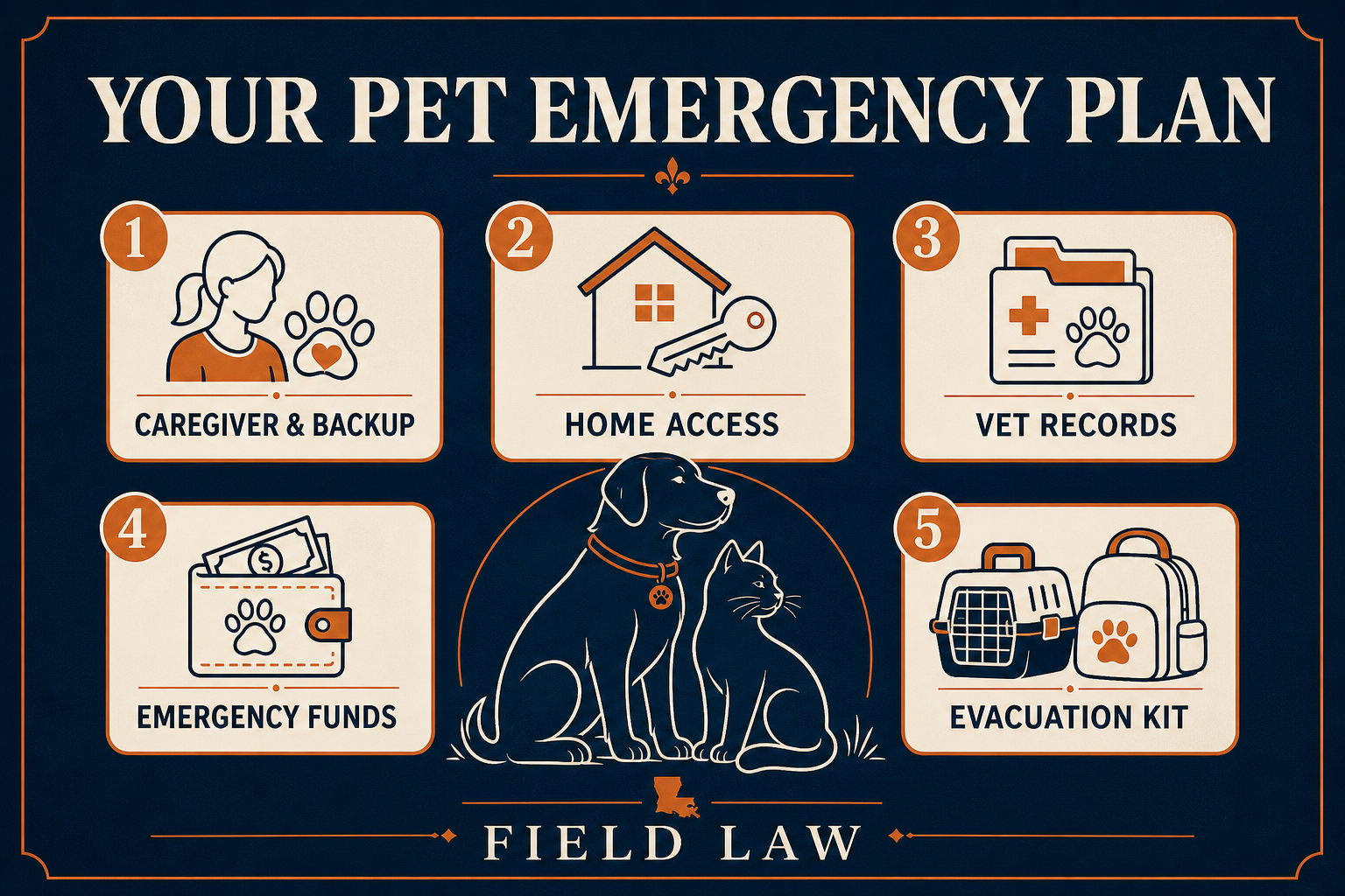 Louisiana pet emergency plan covering a backup caregiver, home access, veterinary records, emergency funds, and an evacuation kit