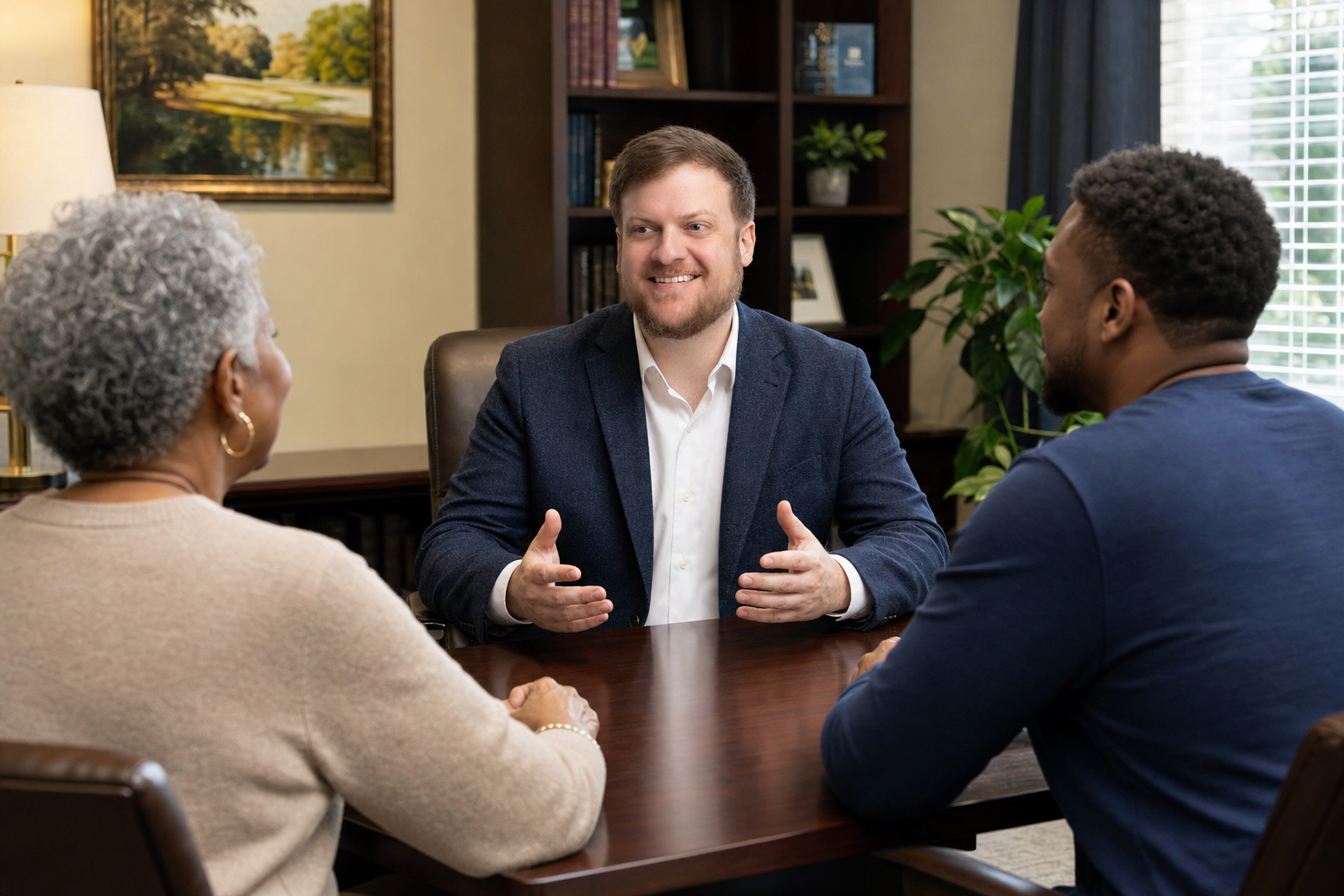 Morgan Field discussing Prairieville elder law planning with a grandmother and grandson