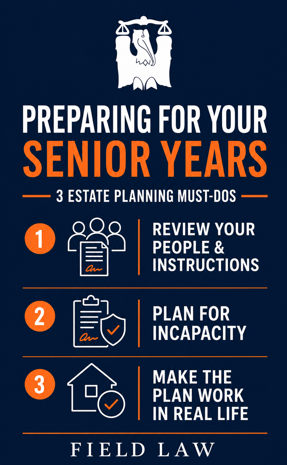 Field Law infographic showing three estate planning must-dos for senior years: review your people and instructions, plan for incapacity, and make the plan work in real life.