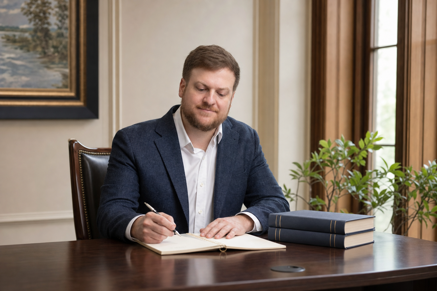 Morgan Field reviewing Louisiana estate-law materials in his Baton Rouge office