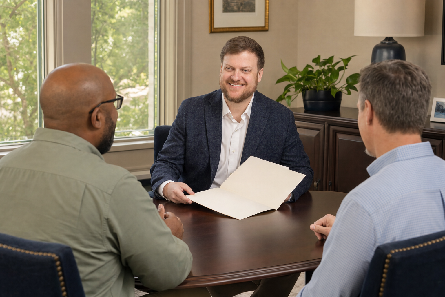 Morgan Field discussing trusts with a married couple from Gonzales