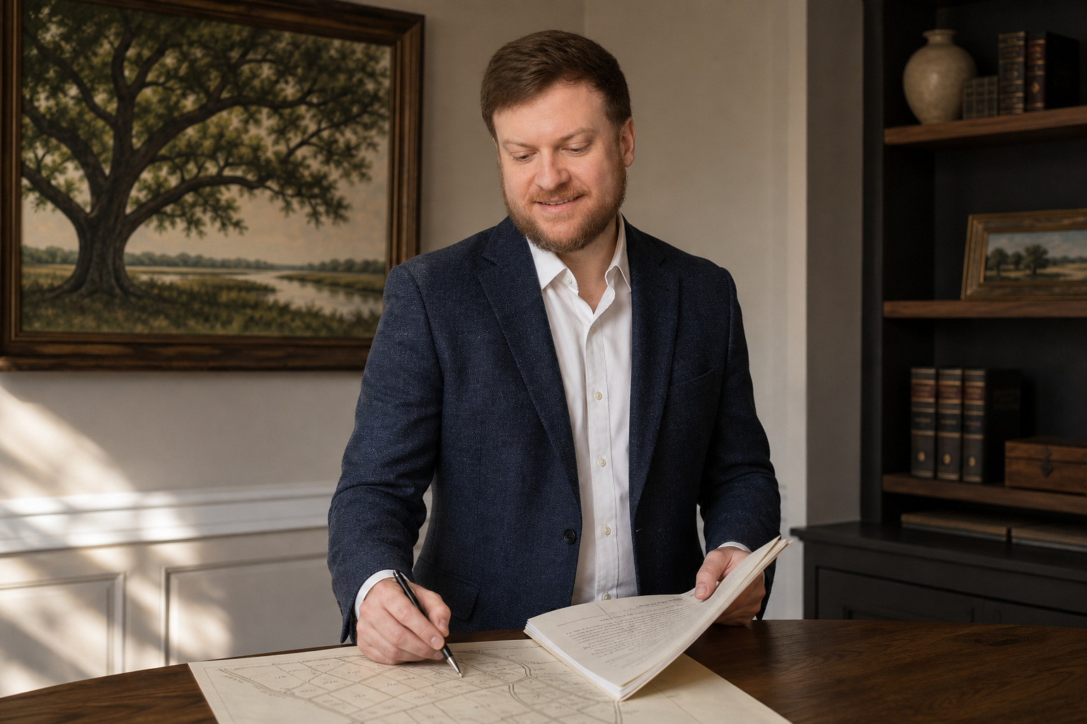 Louisiana mineral succession counsel reviews deeds and a property map