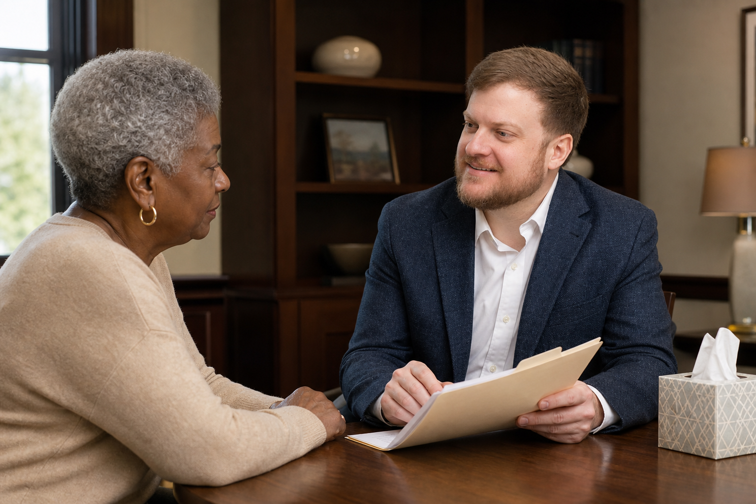 Louisiana lost will lawyer reviewing testament documents with a client